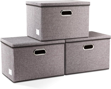 Large Collapsible Storage Bins with Lids [3-Pack] Linen/Cotton Blend Foldable Storage Boxes Organizer Containers