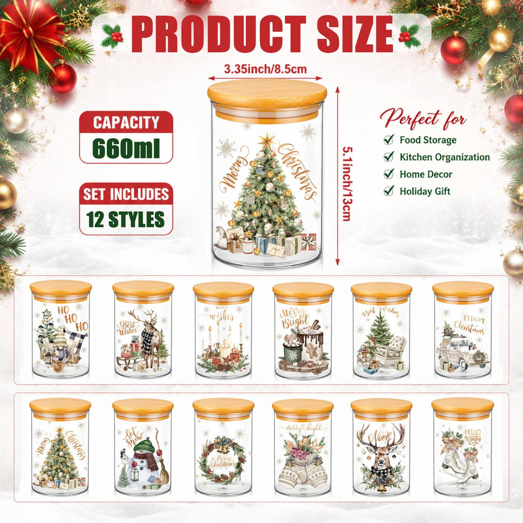 12 Pcs Rustic Christmas Glass Storage Jar with Airtight Bamboo Lid