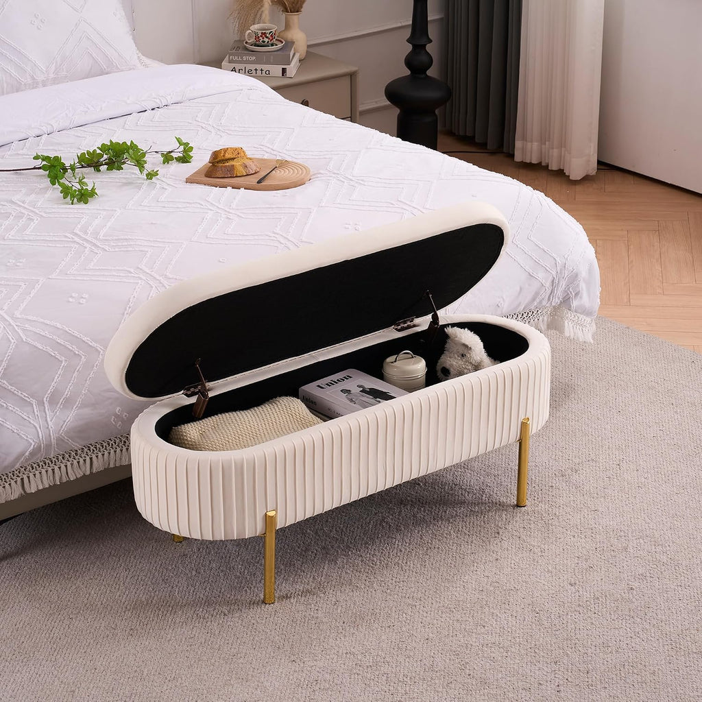 45.5" Ivory White Storage Bench with Gold Legs , Velvet | Upholstered, /Living Room/Window/Entryway, End of Bed