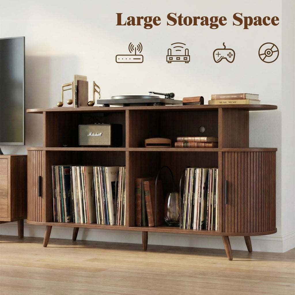 Large Record Player Stand with Storage, Media Stereo Shelf Charging, Walnut