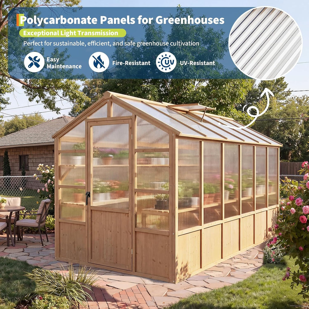 Heavy Duty Walk-in Wooden Greenhouse Kit, 4mm Polycarbonate Panels Green House with Adjustable Vents and Lockable