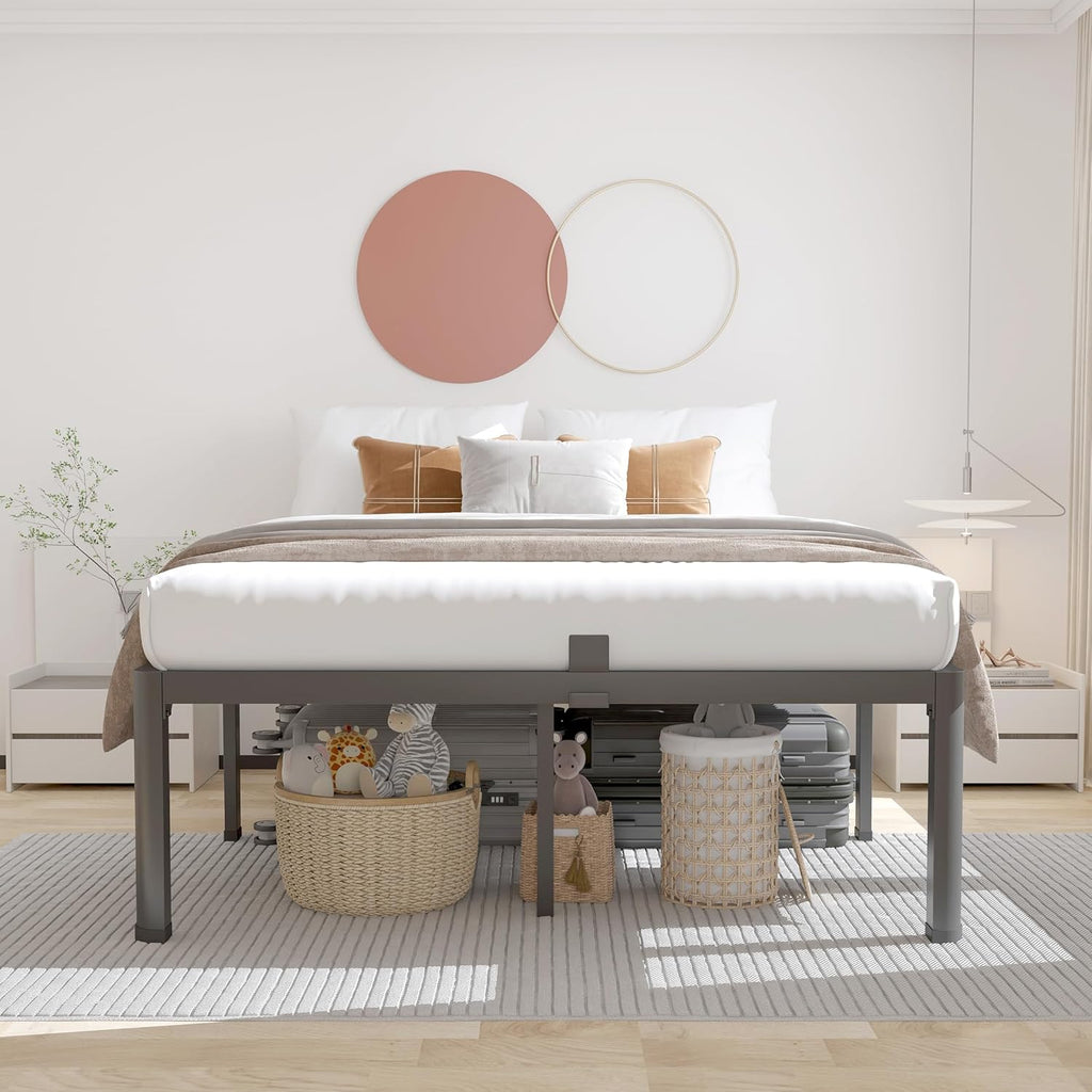 18 Inch Queen Bed Frame with Rounded Corner and Headboard Hole Mattress Retainers 3500LBS Metal Heavy Duty Steel Slats