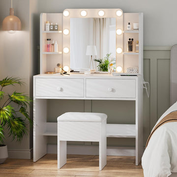 Makeup Vanity Desk with Lighted Mirror and Chair Set, White | 10 LED Light Bulbs, 3 Lighting Modes, Built-in Power