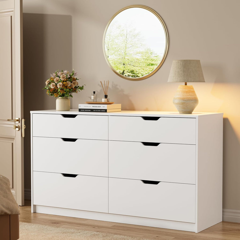 Dresser , 47.2" Modern Wood Chest with 6 Drawers, White | Two Drawer Sizes, Anti-Tip, Storage Cabinet & TV Stand