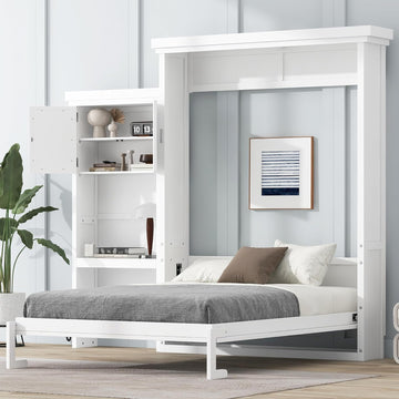 White Murphy Bed Queen with Shelves and Cabinet,Multifunctional Solid Wood Foldable Wall Bed with Louvered Style