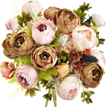 Artificial Peony Bouquets, 2 Silk Flower Bundles in Mixed Pale Pink & Tawny Brown with Hydrangeas for Wedding