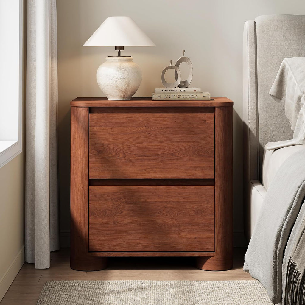 Walnut Nightstand with Charging Station, 23.6" Modern Night Stand with Unique Thickened Foot and 2 Storage Drawers