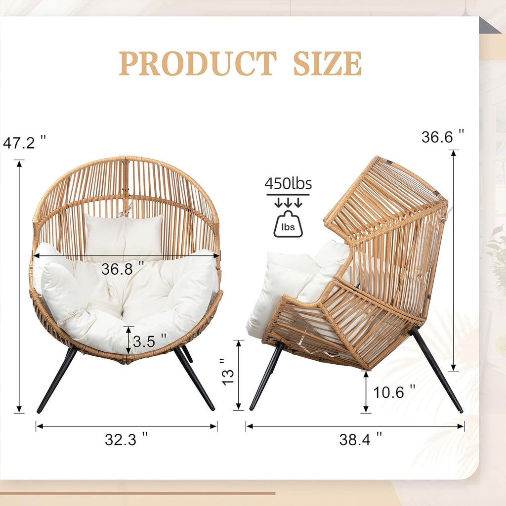 Outdoor Wicker Egg Chair PE Rattan Chair with Cushion, Oversized Patio Lounge Chair for Outdoor, Indoor, Balcony