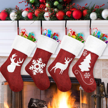 Christmas Stockings Set of 4 Embroider Deer Christmas Tree Snowflake Fabric Cuff Gift Bags for Kids Holiday Fireplace