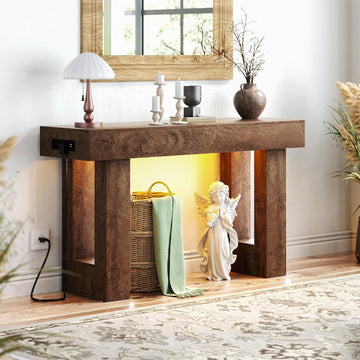 47" Entryway Table with Socket and Sensor Light, Narrow Console Table with Storage Behind Couch, Farmhouse Entry Way