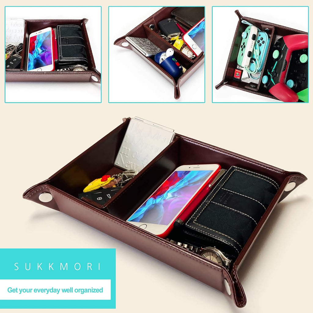 Valet Tray for Men and Women - PU Leather Nightstand Organizer with Desk Catchall Tray, Dresser Box for Keys, Jewelry