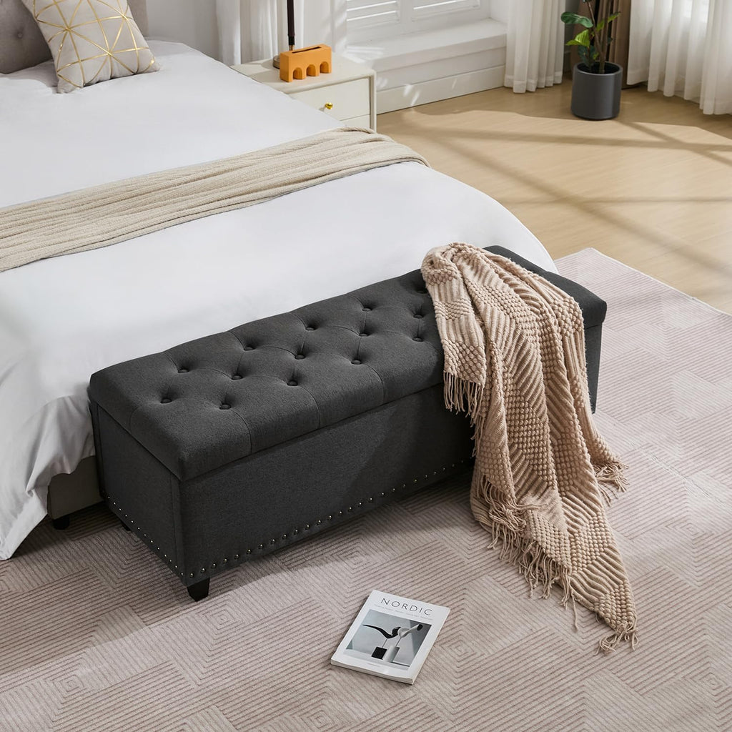 50.8" Ottoman With Storage, Storage Bench with Button-Tufted, End of Bed Storage Bench Safety Hinge with Rivets