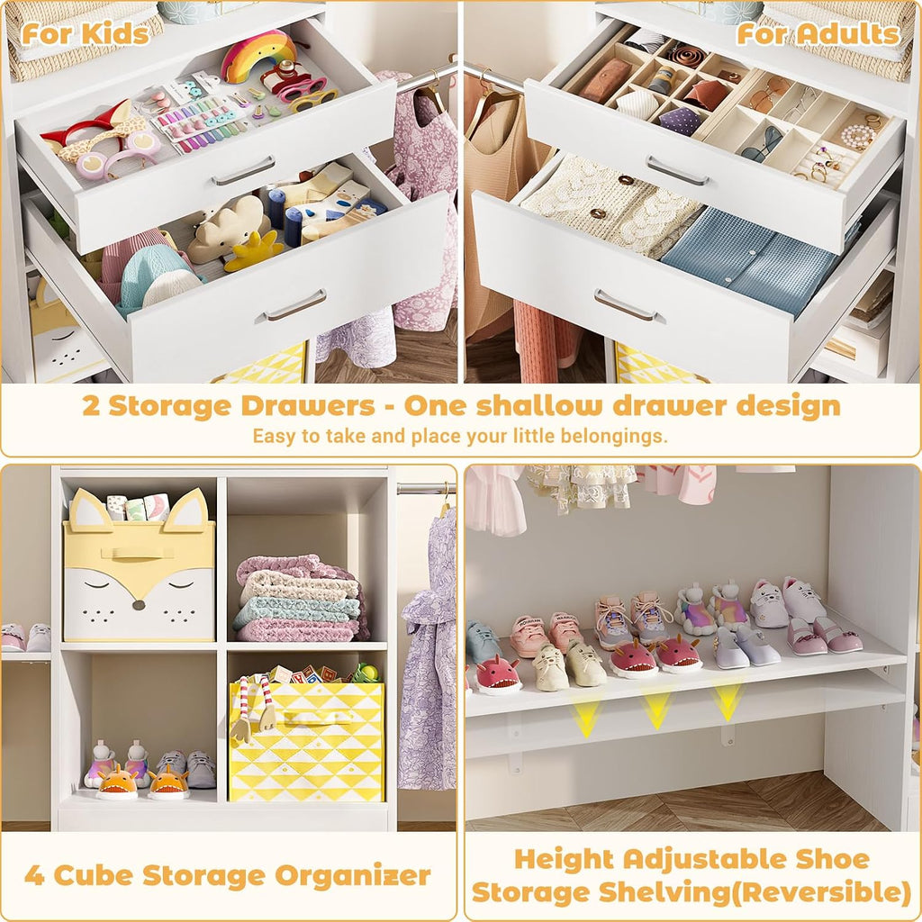 Closet System - 5-8FT Closet Organizer System with Wooden Drawers & Cube Storage Organizer, Up To 96" Closet Systems