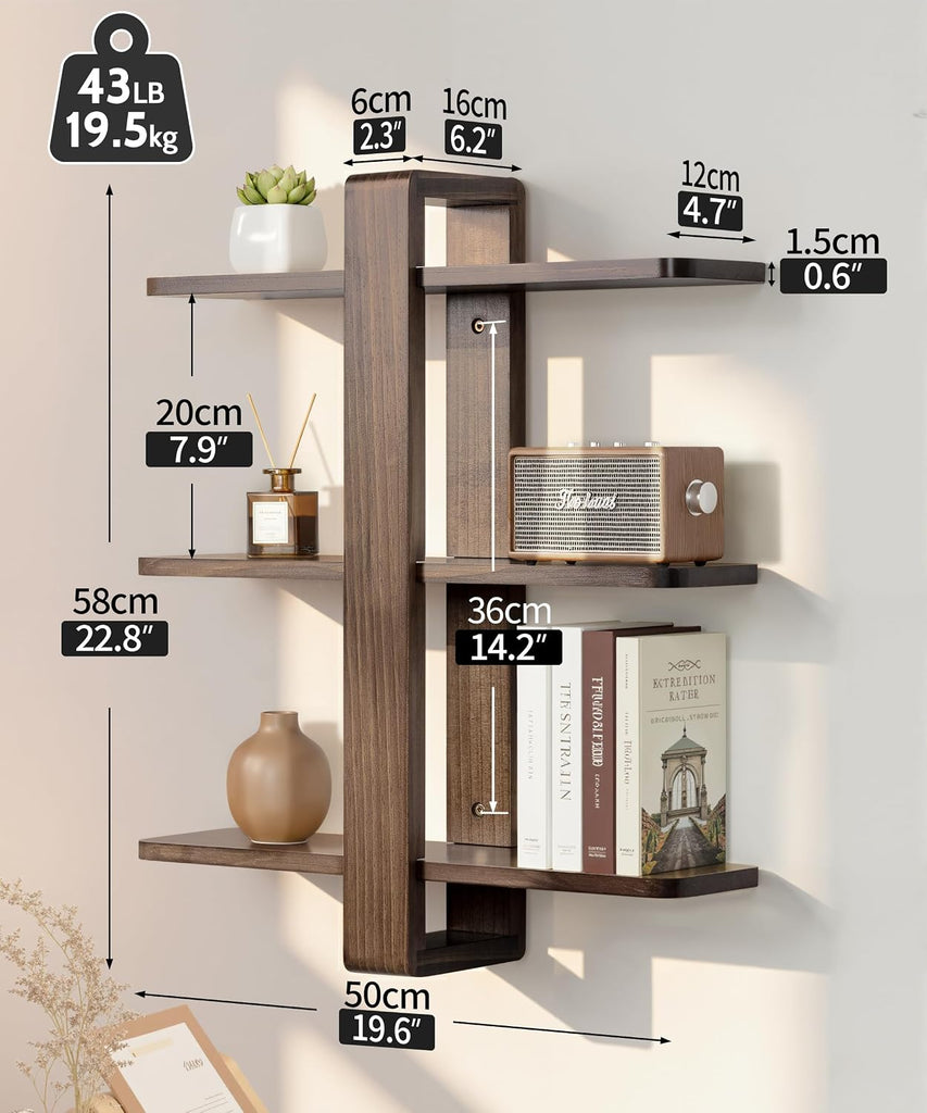 Floating Shelves for Wall Walnut Shelf Unit Mid Century Modern Decor | 3 Tier 20in Adjustable Shelving, Decorative