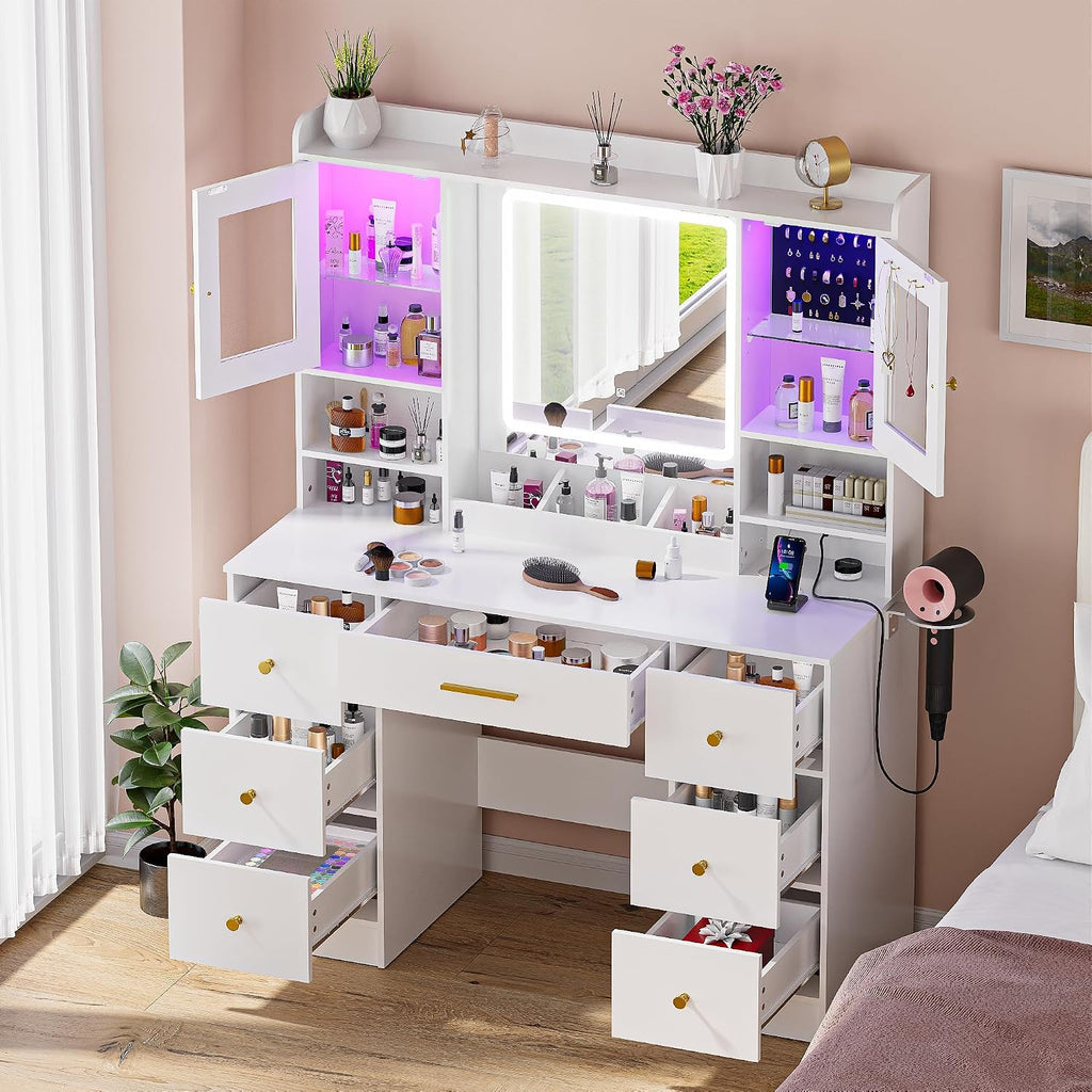 White Makeup Vanity Desk with Mirror and LED Lights,Large Make Up Vanity Table with Lighted Mirror 7 Drawers,Modern