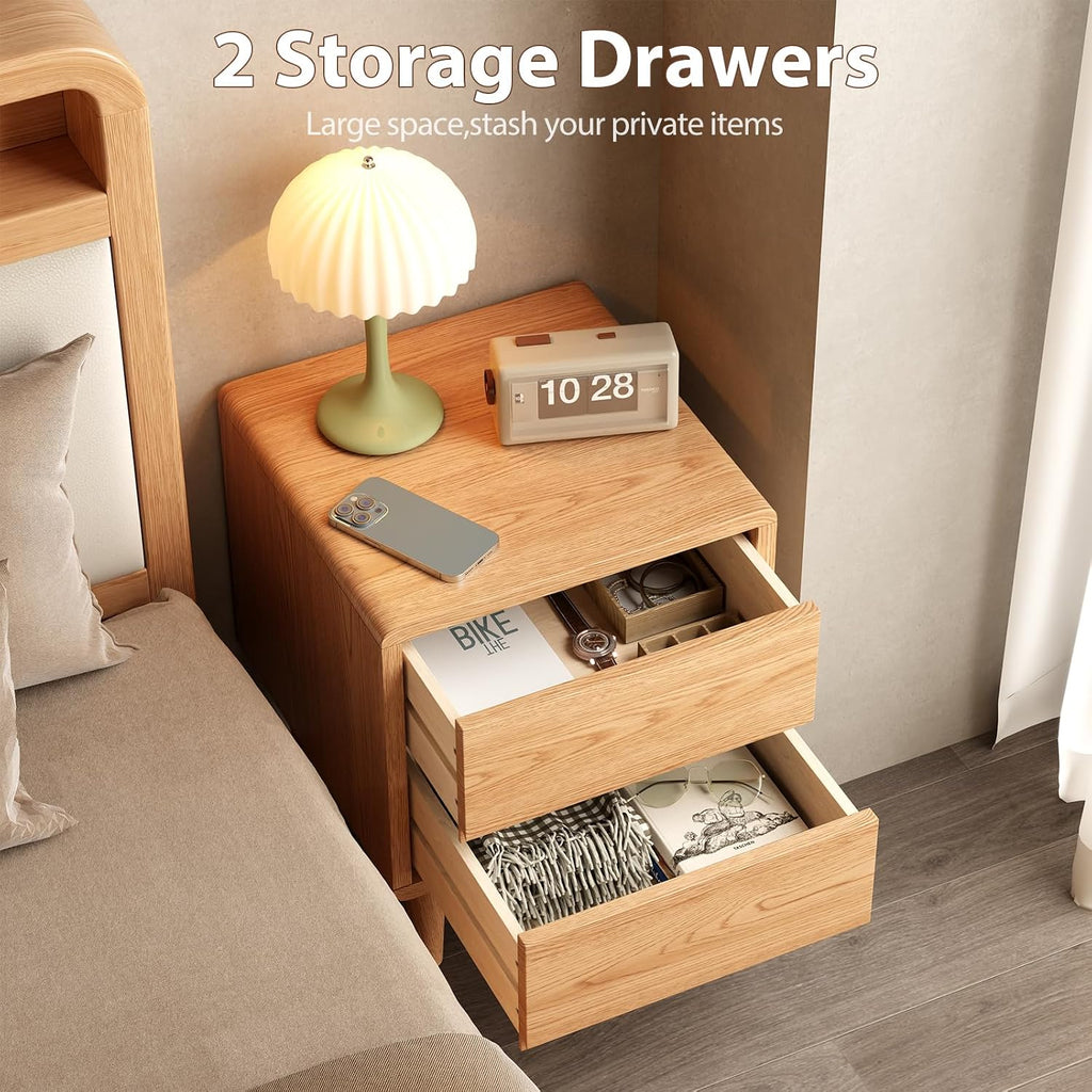 Solid Wood Nightstand Natural Night Stand with Drawers Mid Century Modern Nightstand with Storage,Wood Night