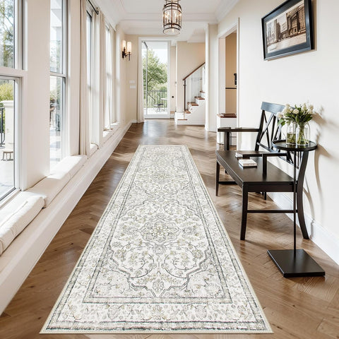 Oriental Runner for Hallways 2.5x10 Washable Beige Kitchen Runners Non Skid Long Entryway Rug Runner