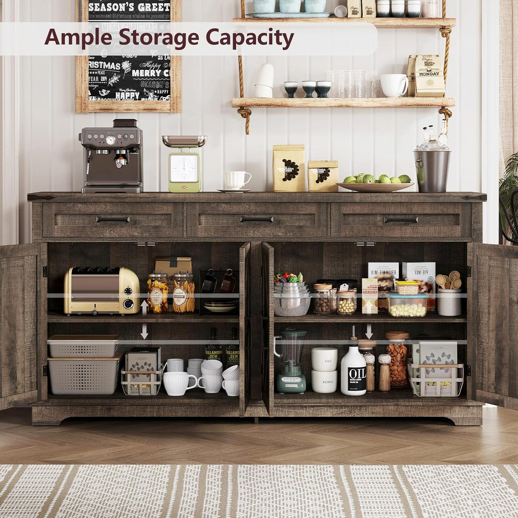 Buffet Cabinet, 61” Large Sideboard Buffet Storage Cabinet with 3 Drawers, Farmhouse Coffee Bar with 4 Doors