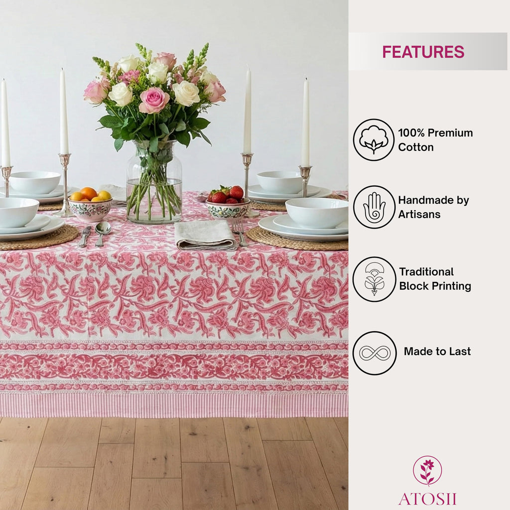 Cotton Blockprint Rectangle Table Cloth, Red Bloom, 90" X 60"