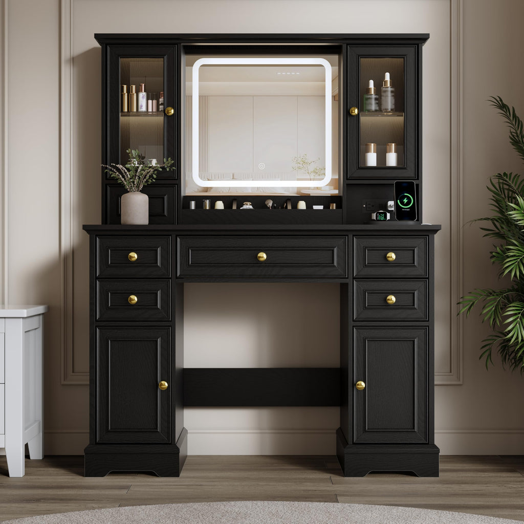 Vanity Desk with Mirror & Lights, Makeup Vanity with Power Outlet & USB Ports, Farmhouse Dressing Table, 6 Drawers &