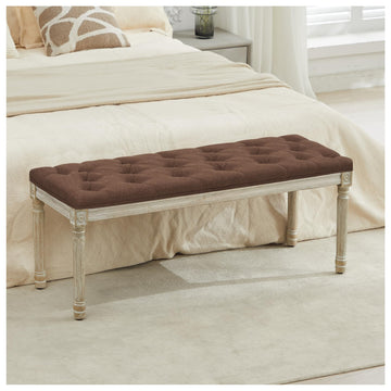 43.9" Linen End of Bed Bench, Vintage Bedroom Bench, Brown
