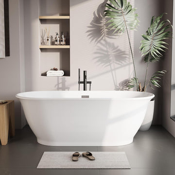Freestanding Bathtub 59 inch Acrylic White Oval Soaking Tub with Push Drain, Compact Modern Bath for Bathroom