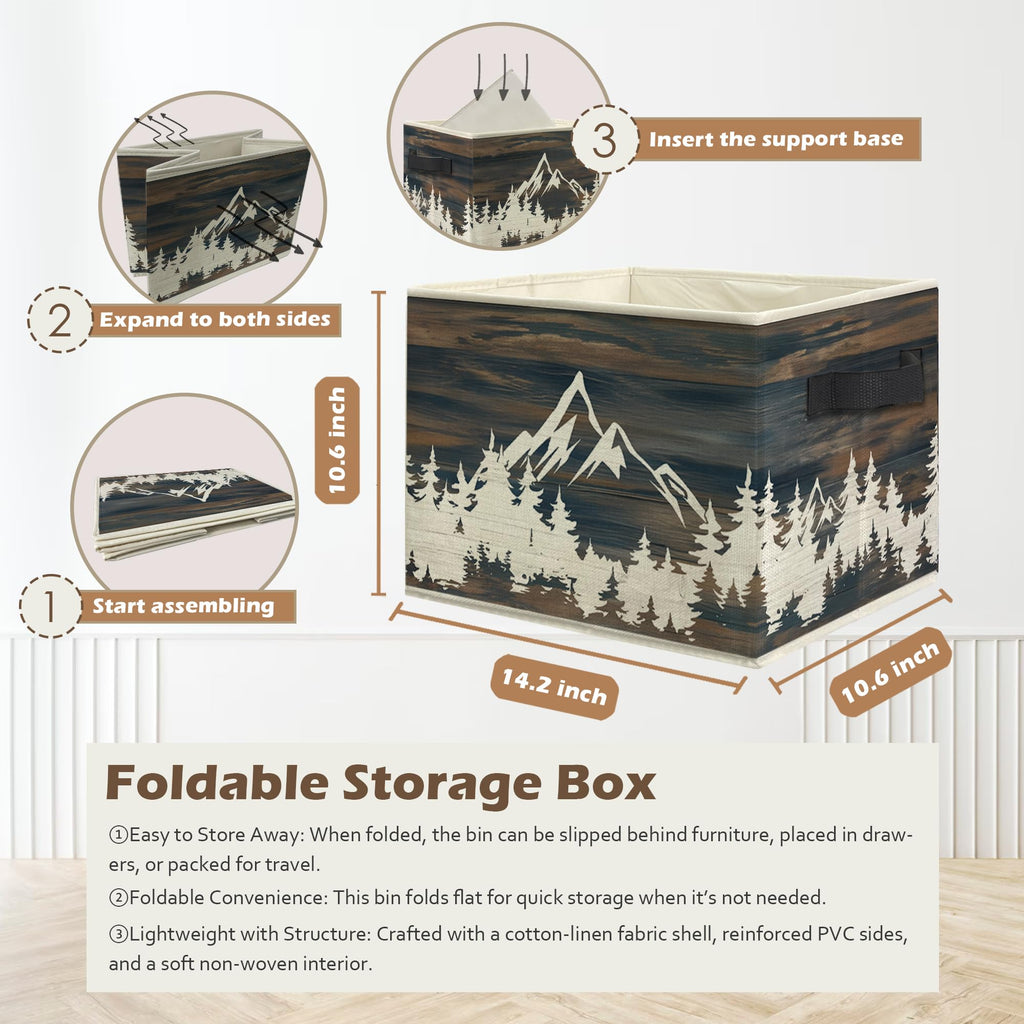 Rustic Forest Mountain Storage Box Bins, Camping Hiking Lover Gifts Collapsible Storage Basket Organizer Laundry Room