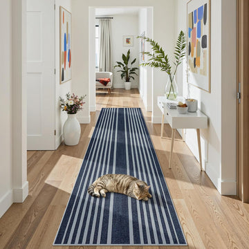 Striped Blue Runners, Washable Bathroom Runner with Rubber Backed, Non Slip Soft Low Pile Indoor Floor Carpet