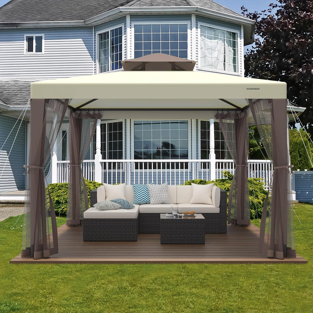 Patio Gazebo Tent Outdoor Canopy Shelter 10'x10' with Removable Netting,100 Square Feet of Shade and Lawns (Beige)