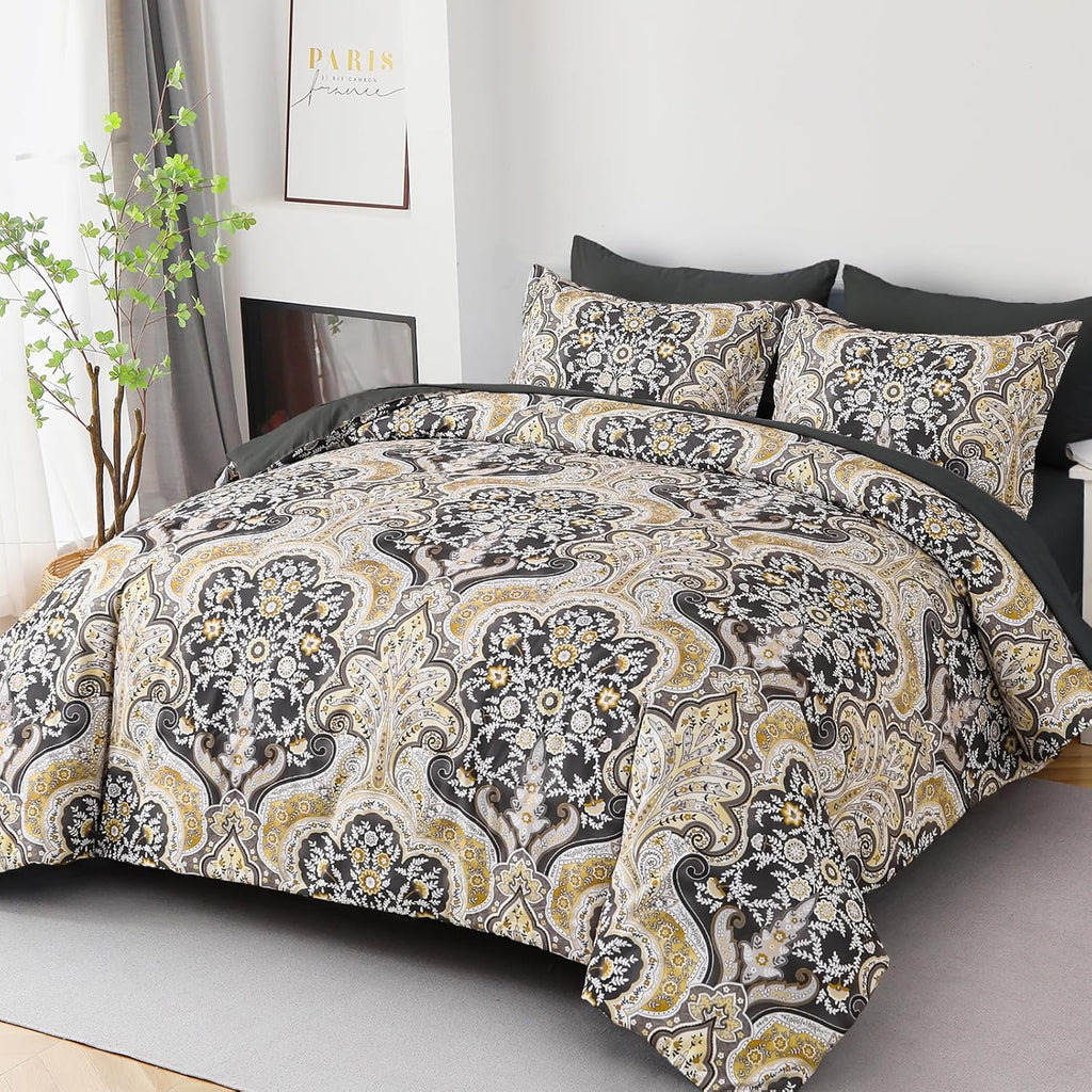 Drucon Boho Paisley Comforter Set Queen, 7 Pieces Bed in a Bag Black Gold Comforter Set
