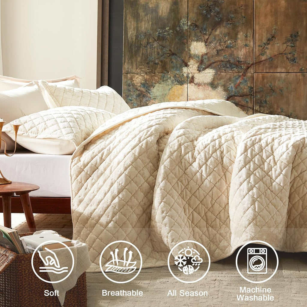 Luxury Velvet Quilt Set King, Lightweight Oversized Bedspread Coverlet Quilted Box Stitch Bedding Set, with 2