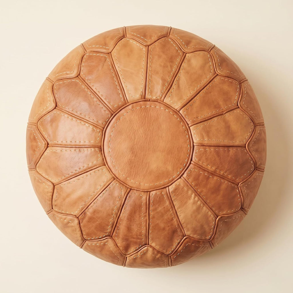 Leather Pouf Ottoman - Round Genuine Leather Footstool, Hand-Stitched Unstuffed Pouf Cover (Cognac Brown)