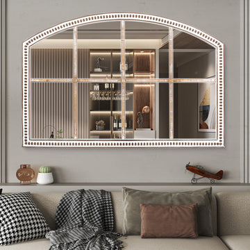 28x42 Inch Farmhouse Windowpane Mirror, Distressed Wood Arched Wall Mirrors