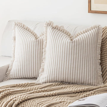 Throw Pillow Covers 18x18 Set of 2 Striped Fringe Pillow Cover Farmhouse Cushion Covers with Tassel Neutral Boho