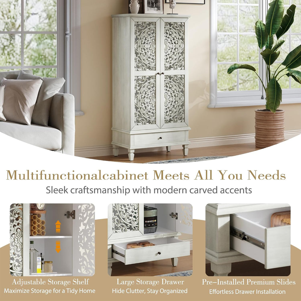55'' Tall Storage Cabinet with Drawer, Decorative 2-Door Carved Wood Accent Cabinet with Solid Wood Legs