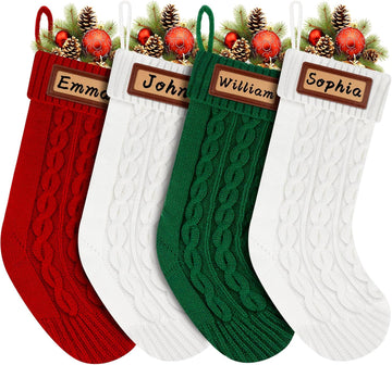 Knitted: 18'' Large Knit Family Name with Leather Patches White Red Green Bulk Xmas Stocking Hanging - Set of 4