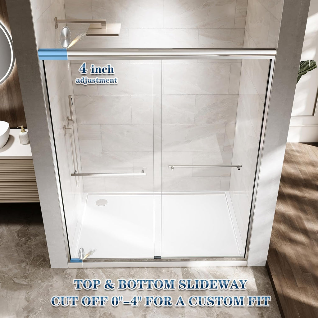 56-60" W x 72" H Semi-Frameless Bypass Sliding Shower Door, Easy-to-Clean Treated Clear Tempered SGCC Glass