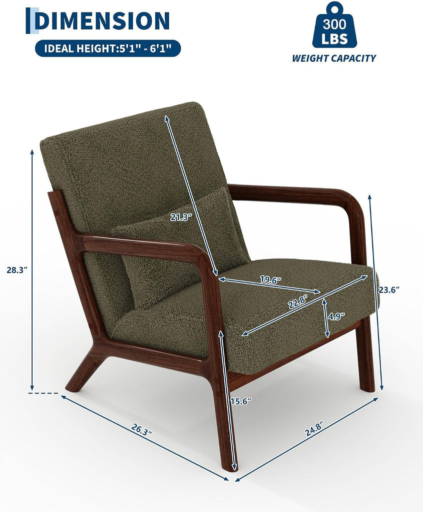 Mid-Century Modern Accent Chair, Chenille Upholstered Armchair with Wood Frame and Lumbar Pillow, Cozy Reading Chair