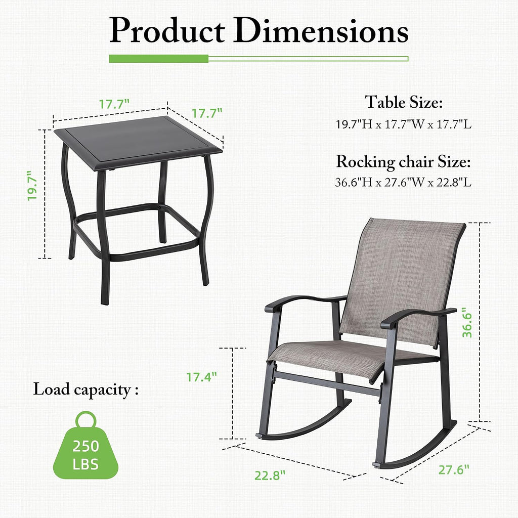 3 Piece Rocking Bistro Set, Outdoor Furniture with Rocker Chairs and Glass Coffee Table Balcony, Porch Furniture for
