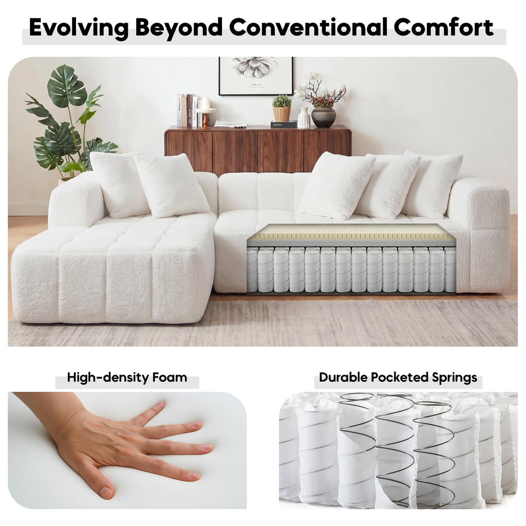 108" Tufted Boucle Cloud Boneless Sectional Sofa, Left Chaise, White