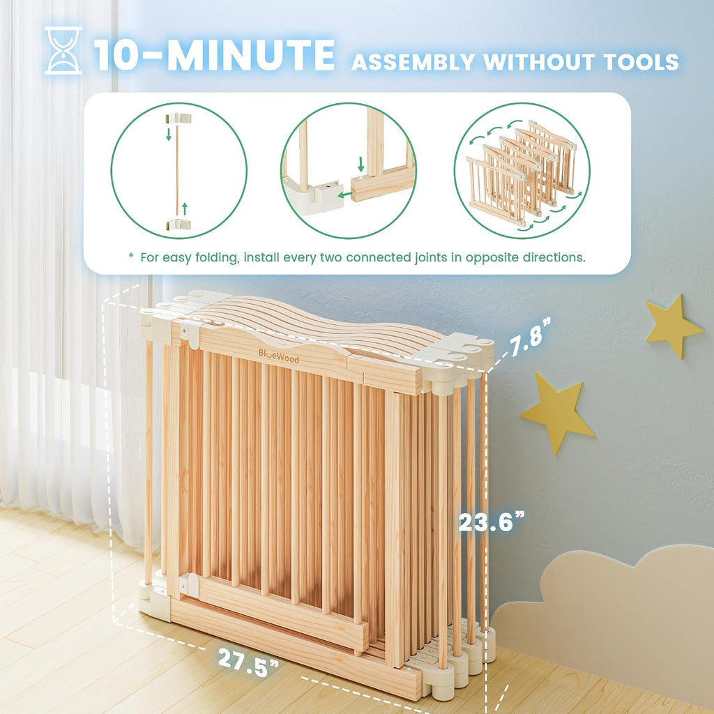 Foldable Wooden Playpen - Adjustable Wood Baby Play Yard with Child-Proof Lock, 12 Panels