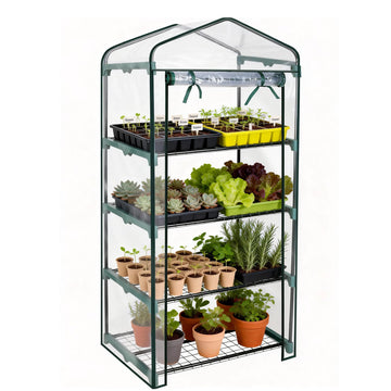 4 Tier Mini Greenhouse - 63'' H x 27'' L x 19'' W - Sturdy Portable Gardening Shelves with PVC Cover - Small Green