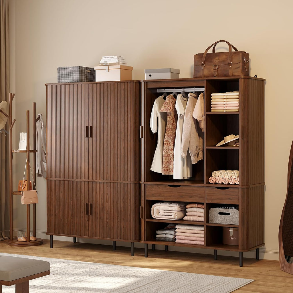 Armoire Wardrobe Closet with Sliding Doors, 71" Bedroom Armoires, Walnut | with 2 Drawers, with Hanging Rod and