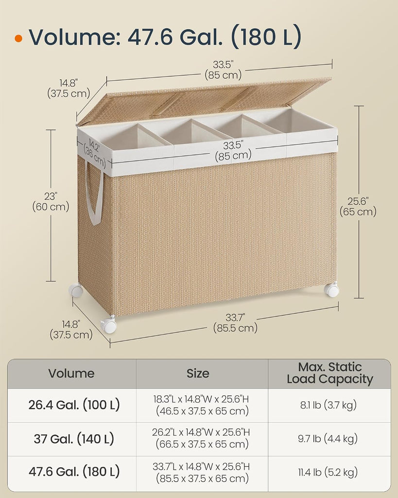 Laundry Hamper with 4 Section, 180 L Large Rolling Laundry Basket with Wheels, Rattan Clothes Basket with Lid