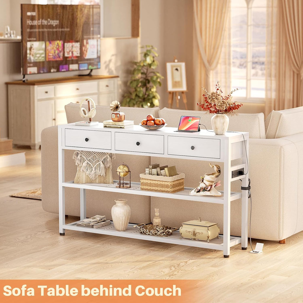 47'' Entryway Table with Outlets and USB Ports, Console Table with 3 Drawers, Sofa Table Narrow Long with Storage