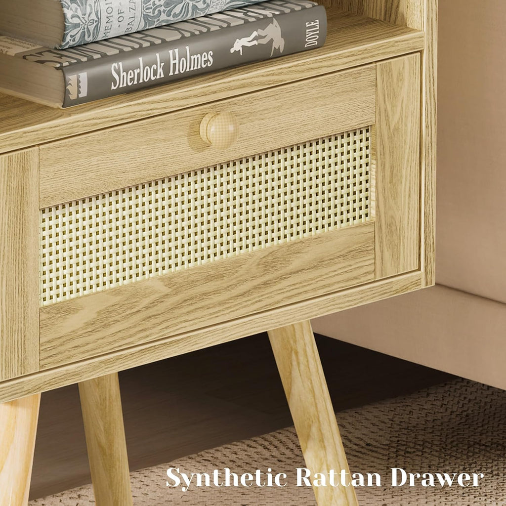 Nightstands Set of 2, Night Stands with Charging Station & PE Rattan Decor Drawer, Bed Side Tables with Solid Wood