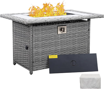 60000 BTU Wicker Gas Fire Pit Outdoor Fire Pit Table 45 Inch Fire Pits for Outside with Woodgrain Marble Tabletop Fire P
