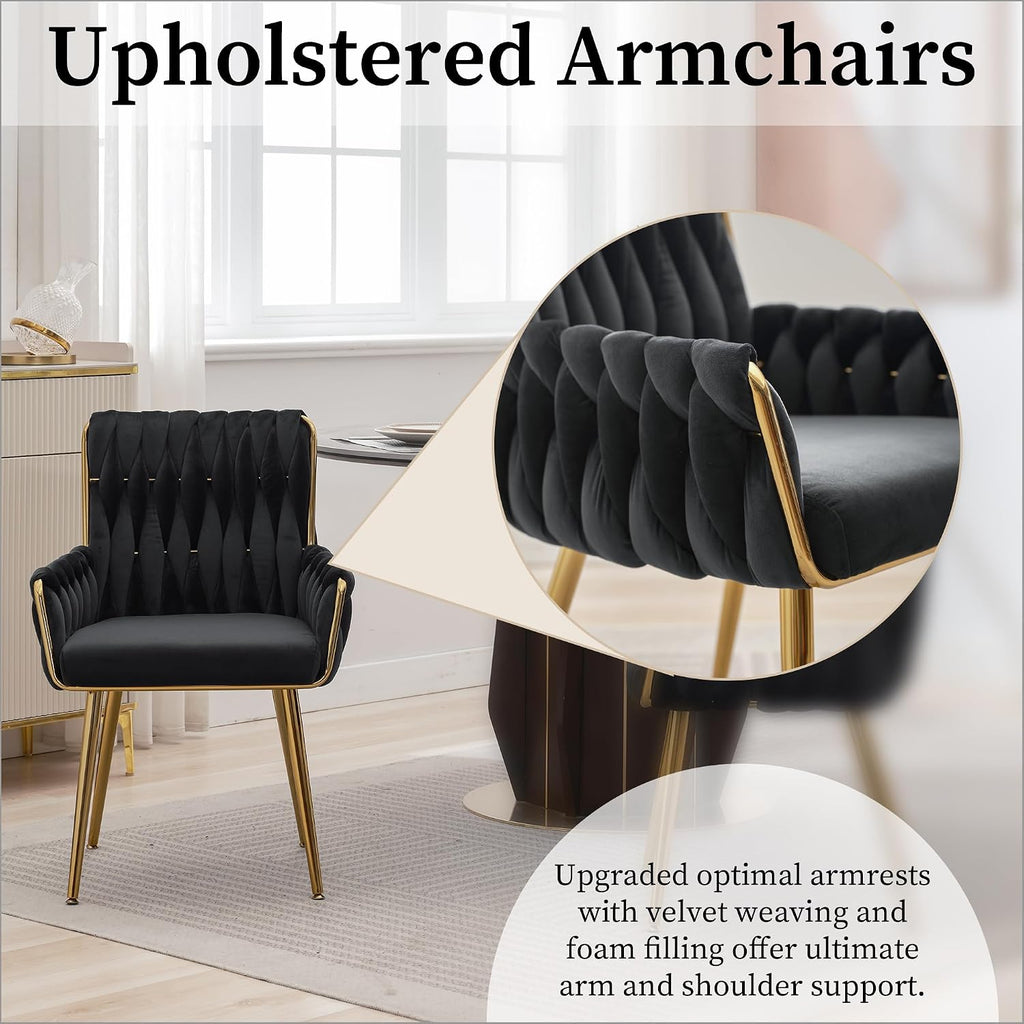 Home Office Desk Chair, Upholstered Hand Weaving Desk Chairs with Golden Metal Legs & Armrest, Modern Accent Chairs