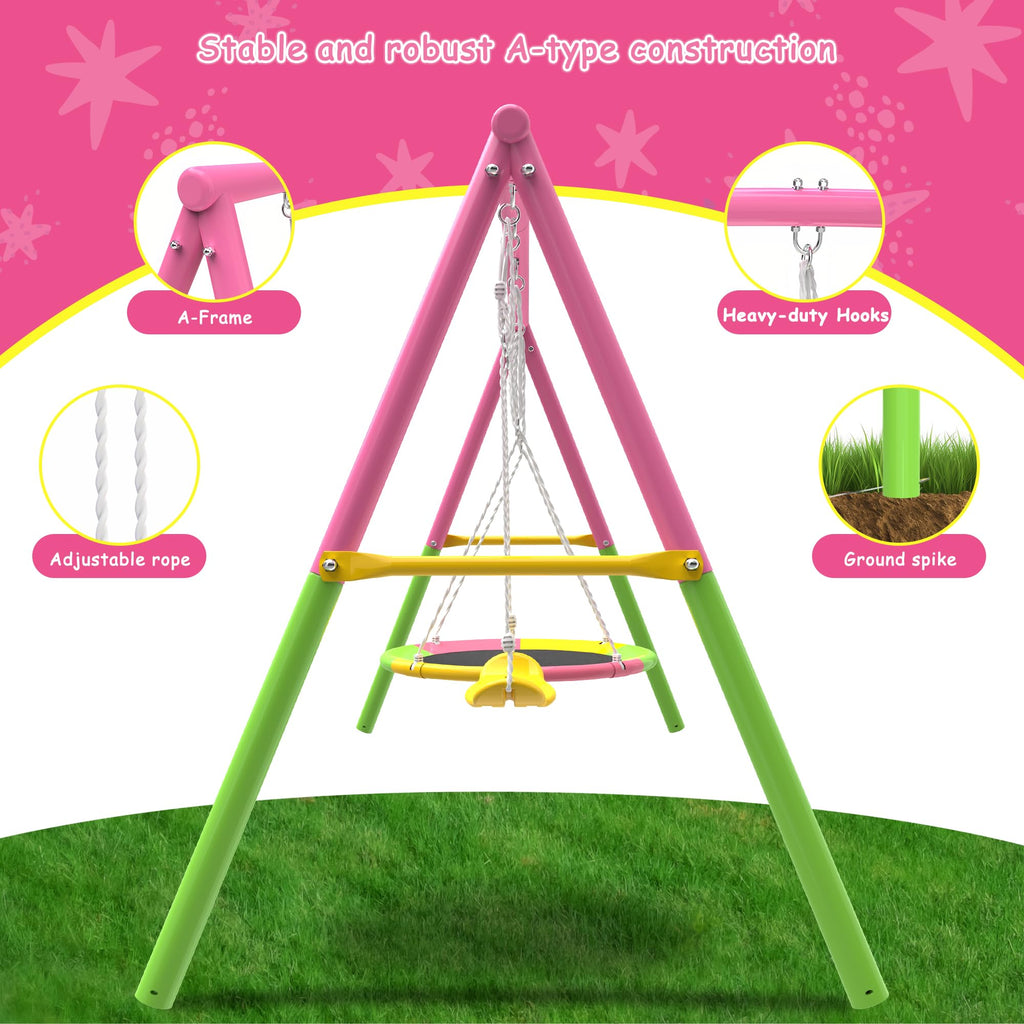 440lbs Capacity Swing Sets for Backyard - 2 Seat Outdoor Playset with Saucer & Adjustable Ropes, Heavy-Duty A Frame