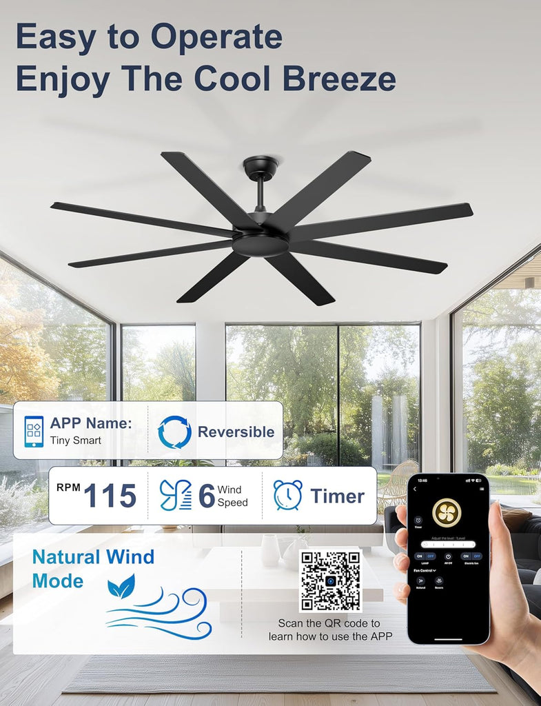 72'' Large Ceiling Fans No Lights, Modern Black Ceiling Fan Remote/APP Control